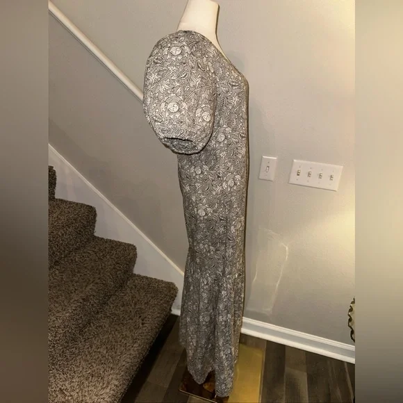ANNA CATE Grey Floral Block Print Maxi Dress XS Puff Sleeve V-Neck Cotton Luxe - Picture 6 of 8